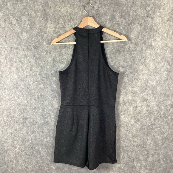 One Clothing Shimmer Sparkle Black Short Sleeveless Halter Romper Pockets Size L - Picture 3 of 14